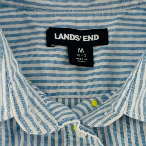 Lands End Womens M Button-Down Shirt Blue & White Striped With Yellow Dots - Picture 2 of 5